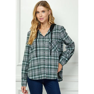 BUTTON-DOWN LONG SLEEVE HOODIES PLAID SHACKET - Rise and Redemption