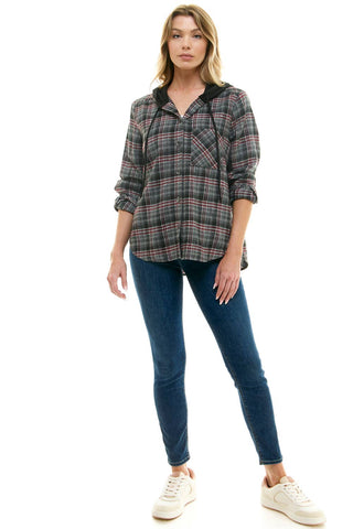 BUTTON-DOWN LONG SLEEVE HOODIES PLAID SHACKET - Rise and Redemption