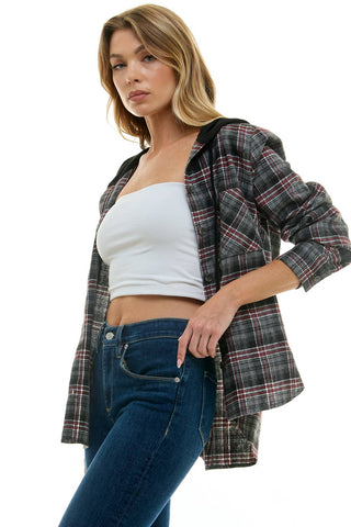 BUTTON-DOWN LONG SLEEVE HOODIES PLAID SHACKET - Rise and Redemption
