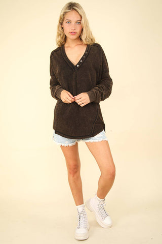 Button Up Washed Knit V - Neck Oversized Top - Rise and Redemption