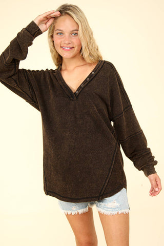 Button Up Washed Knit V - Neck Oversized Top - Rise and Redemption