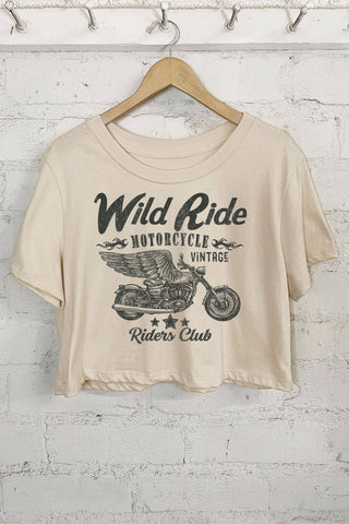 WILD RIDE MOTORCYCLE GRAPHIC SHORT CROP TOP: NATURAL