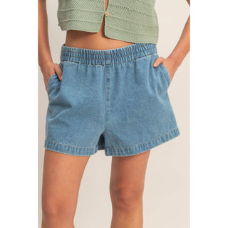 Elastic Waist Mineral Wash Denim Shorts