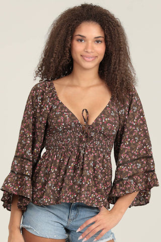 C2D54 - WA78 V NECK LACE TRIM BELL SLEEVE BLOUSE - Rise and Redemption
