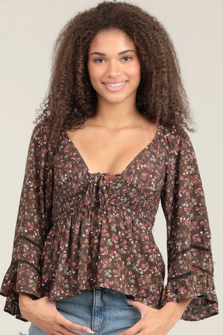 C2D54 - WA78 V NECK LACE TRIM BELL SLEEVE BLOUSE - Rise and Redemption