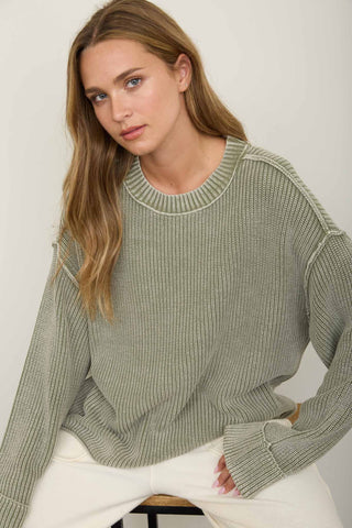 WASHED RIBBED LONG SLEEVE FOLDED CUFF KNIT SWEATER