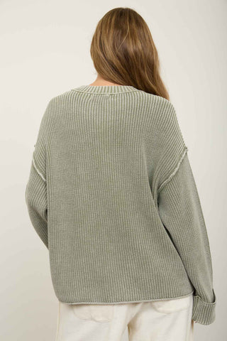 WASHED RIBBED LONG SLEEVE FOLDED CUFF KNIT SWEATER
