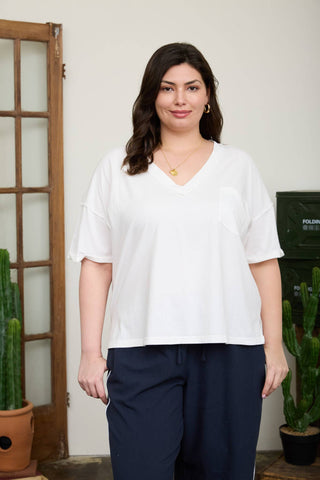 PLUS WASHED EXPOSED SEAM V NECK BOXY KNIT TOP
