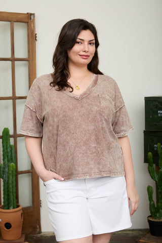 PLUS WASHED EXPOSED SEAM V NECK BOXY KNIT TOP