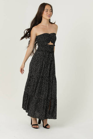 C4D42 - FQ00 POLKA DOT SMOCKED CINCH BUST CUT OUT MAXI DRESS - Rise and Redemption