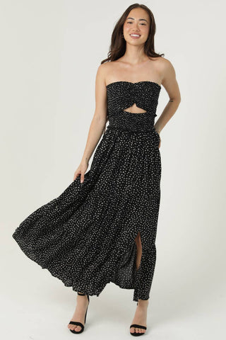 C4D42 - FQ00 POLKA DOT SMOCKED CINCH BUST CUT OUT MAXI DRESS - Rise and Redemption