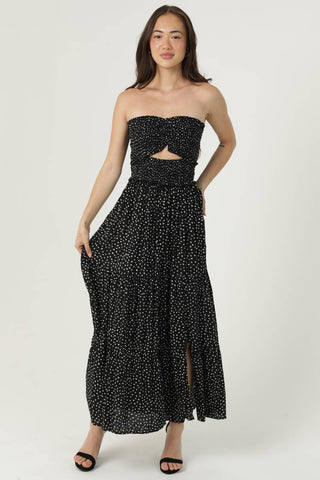 C4D42 - FQ00 POLKA DOT SMOCKED CINCH BUST CUT OUT MAXI DRESS - Rise and Redemption