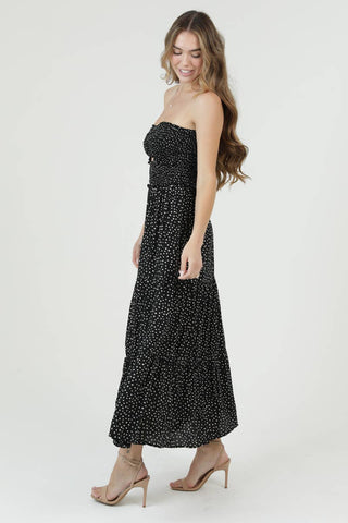 C4D42 - FQ00 POLKA DOT SMOCKED CINCH BUST CUT OUT MAXI DRESS - Rise and Redemption