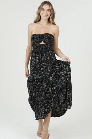 C4D42 - FQ00 POLKA DOT SMOCKED CINCH BUST CUT OUT MAXI DRESS - Rise and Redemption