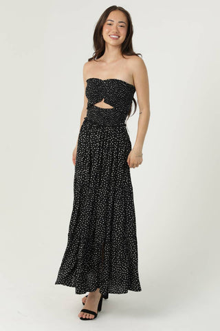 C4D42 - FQ00 POLKA DOT SMOCKED CINCH BUST CUT OUT MAXI DRESS - Rise and Redemption