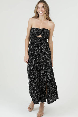 C4D42 - FQ00 POLKA DOT SMOCKED CINCH BUST CUT OUT MAXI DRESS - Rise and Redemption