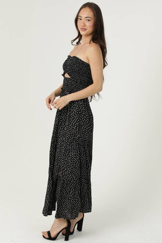 C4D42 - FQ00 POLKA DOT SMOCKED CINCH BUST CUT OUT MAXI DRESS - Rise and Redemption