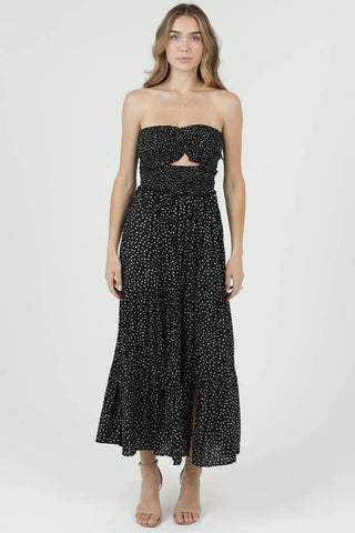 C4D42 - FQ00 POLKA DOT SMOCKED CINCH BUST CUT OUT MAXI DRESS - Rise and Redemption