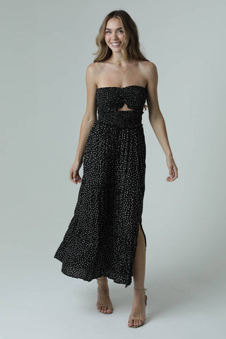 C4D42 - FQ00 POLKA DOT SMOCKED CINCH BUST CUT OUT MAXI DRESS - Rise and Redemption