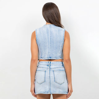 STUDDED TRIM SLEEVELESS DENIM VEST-RBT10823