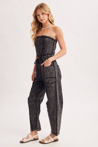 WASHED STRAPLESS SMOCKED WAIST DRAWSTRING JUMPSUIT