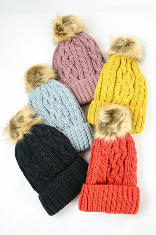 Cable Knit Beanie With Faux Fur Pom - Rise and Redemption