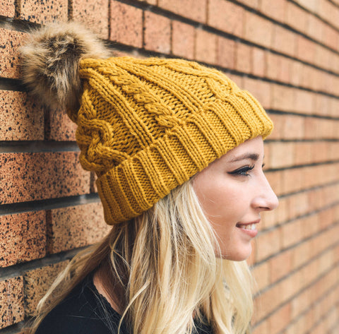 Cable Knit Beanie With Faux Fur Pom - Rise and Redemption