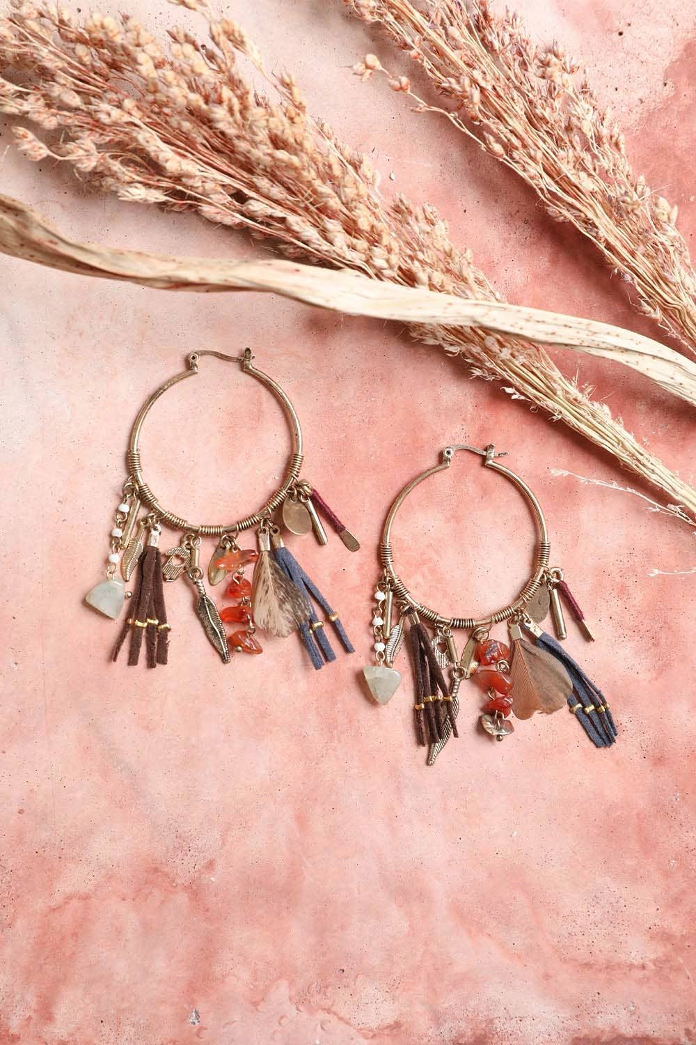 Carnelian & Jade Feather Fringe Hoop Earring - Rise and Redemption