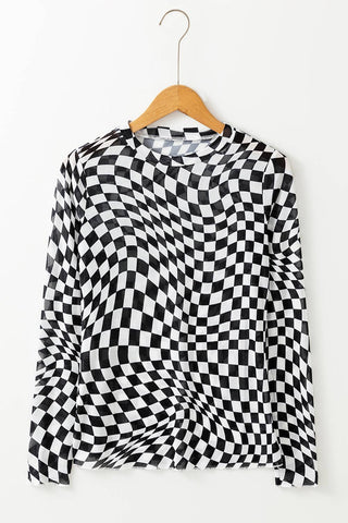 Casey Checkered Pattern Mesh Mock Neck Long Sleeve Top - Rise and Redemption