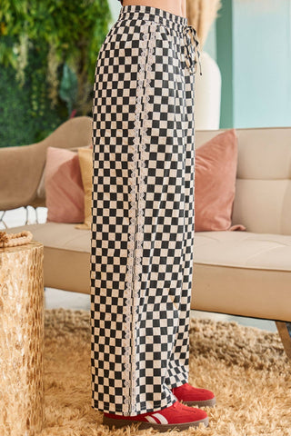 CHECKERBOARD LACE TRIM WIDE LEG PANTS - Rise and Redemption