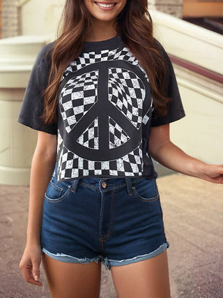 Checkerboard Peace Sign Printed Round Neck Long Crop - Rise and Redemption