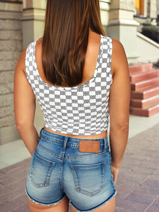 Checkered Print U Neck Cropped Tank Top - Rise and Redemption