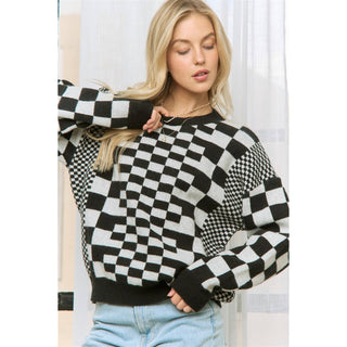 CHIC CHECKER JACQUARD PRINT CASUAL PULLOVER SWEATER - Rise and Redemption