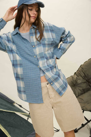 COLORBLOCK PLAID LONG SLEEVE BUTTON DOWN SHIRT: DENIM MULTI - Rise and Redemption