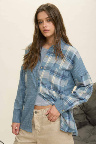 COLORBLOCK PLAID LONG SLEEVE BUTTON DOWN SHIRT: DENIM MULTI - Rise and Redemption