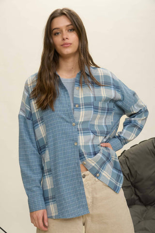 COLORBLOCK PLAID LONG SLEEVE BUTTON DOWN SHIRT: DENIM MULTI - Rise and Redemption