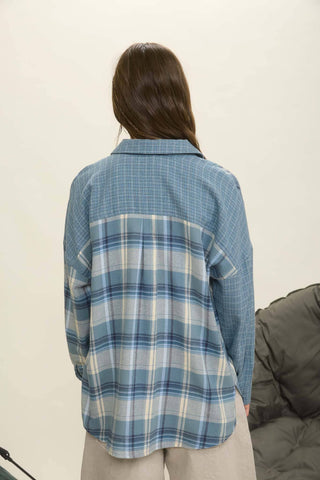 COLORBLOCK PLAID LONG SLEEVE BUTTON DOWN SHIRT: DENIM MULTI - Rise and Redemption