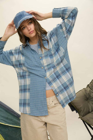 COLORBLOCK PLAID LONG SLEEVE BUTTON DOWN SHIRT: DENIM MULTI - Rise and Redemption
