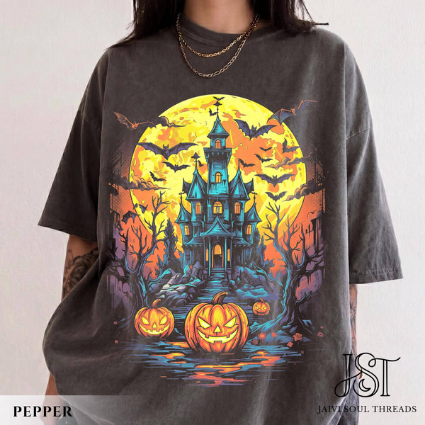 Comfort Colors Retro Haunted House Pumpkin Tee - Rise and Redemption