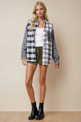 CONTRAST PLAID SHIRT JACKET WITH POCKET - Rise and Redemption