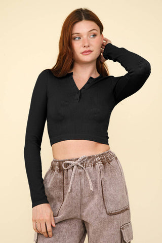 Courtney Casual Fitted Crop Henley Knit Top - Rise and Redemption