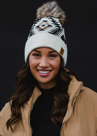 Cream, Black & Rust Tribal Pom Hat - Rise and Redemption