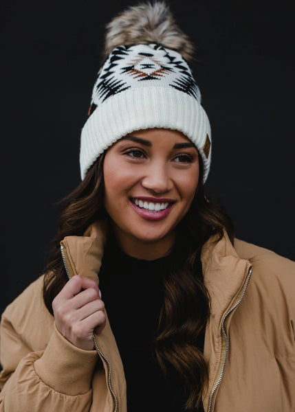 Cream, Black & Rust Tribal Pom Hat - Rise and Redemption