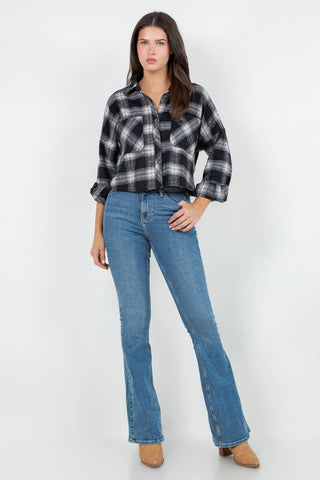 Cropped Oversized Plaid Flannel Shirt - Rise and Redemption