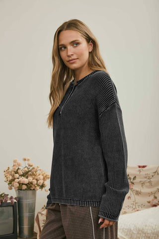 WASHED RIBBED HENLEY DROP SHOULDER KNIT SWEATER