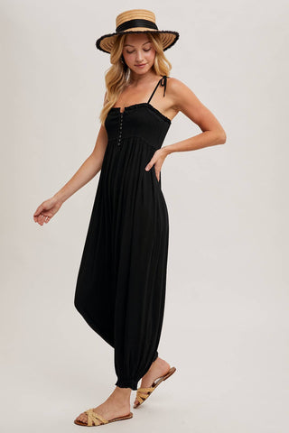 GAUZE SMOCKED BUTTON FRONT SHOULDER TIE JUMPSUIT