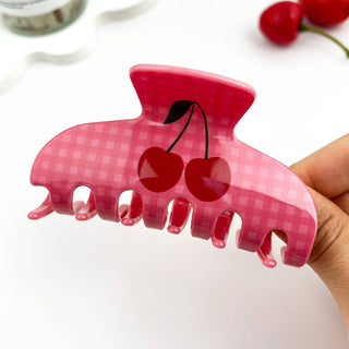 🍒 Cherry Checkered Hair Claw – Cute Fruit PVC Print Clip