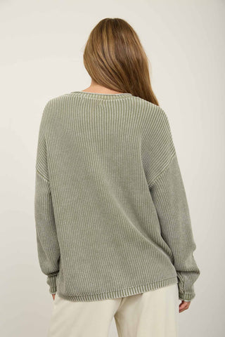 WASHED RIBBED HENLEY DROP SHOULDER KNIT SWEATER