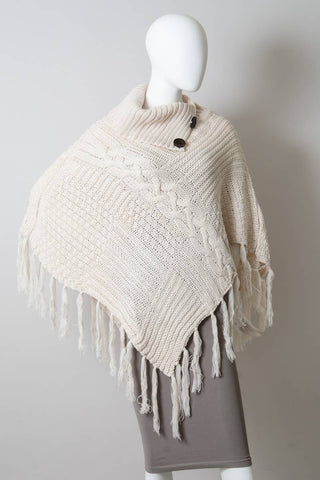 Turtleneck Cable Knit Poncho With Tassels