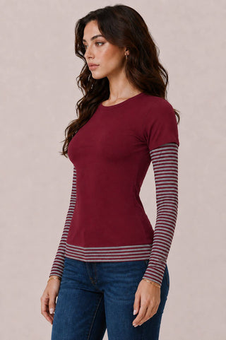 JT57815L - LAYERED STRIPEY LONG SLEEVE TOP: H. GREY H.GREY SOFT WHITE / S-M-L/2-2-2